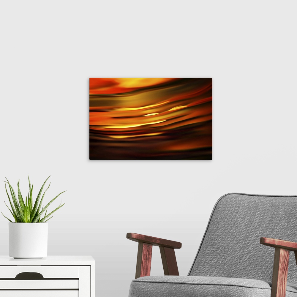 A modern room featuring Abstract image: when standing by water at sundown, one gets lost in beautiful, warm memories.