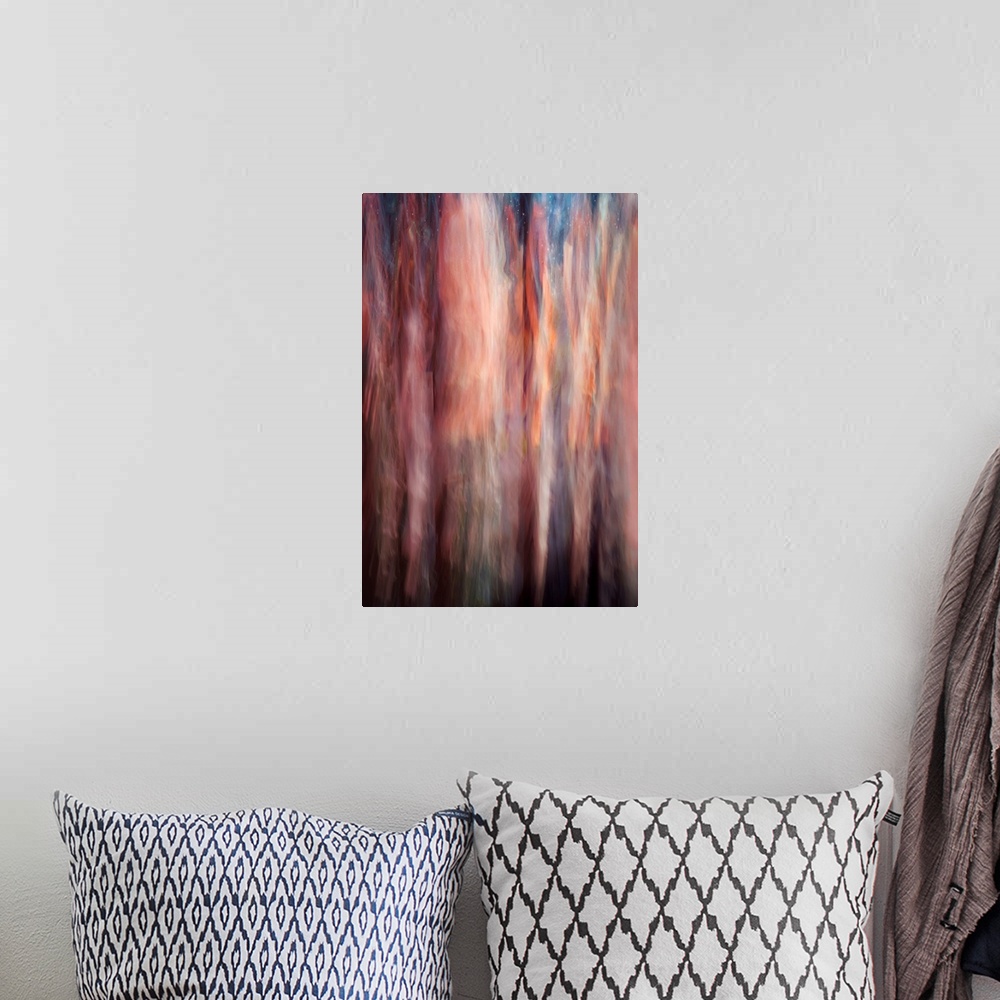 A bohemian room featuring Abstract image of a group of very tall cedars at the edge of a large lake in British Columbia, Ca...