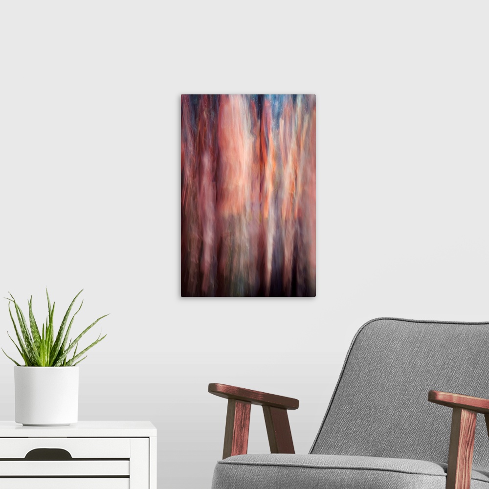 A modern room featuring Abstract image of a group of very tall cedars at the edge of a large lake in British Columbia, Ca...