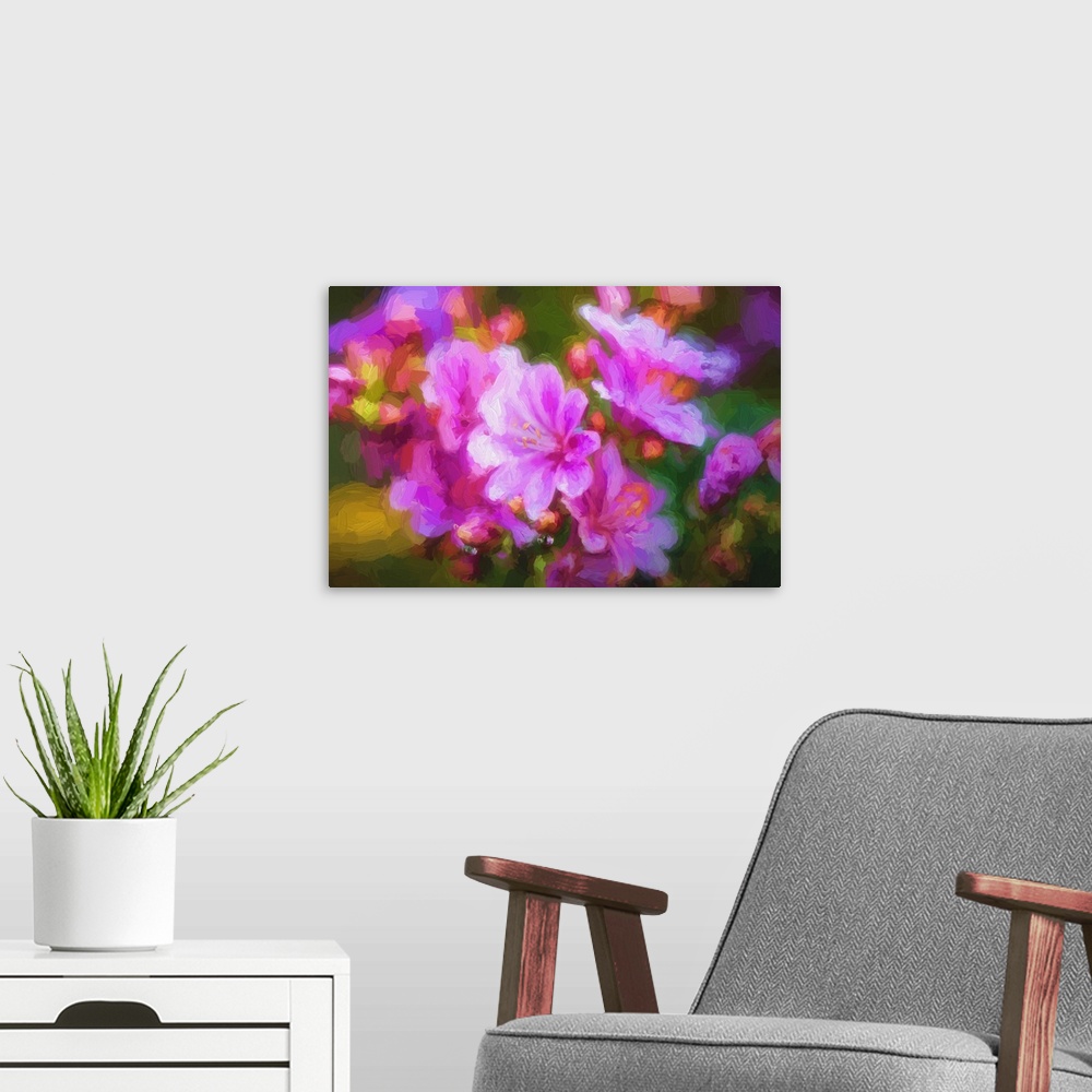 A modern room featuring Close-up of small purple flowers in expressionist photo