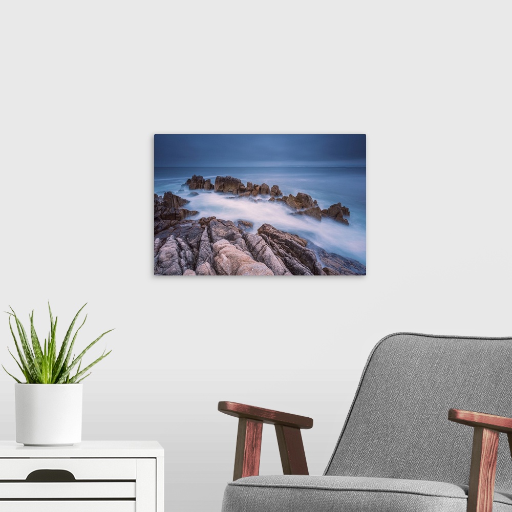 A modern room featuring Silky waves from long exposure at Lovers Point, Pacifc Grove in California.