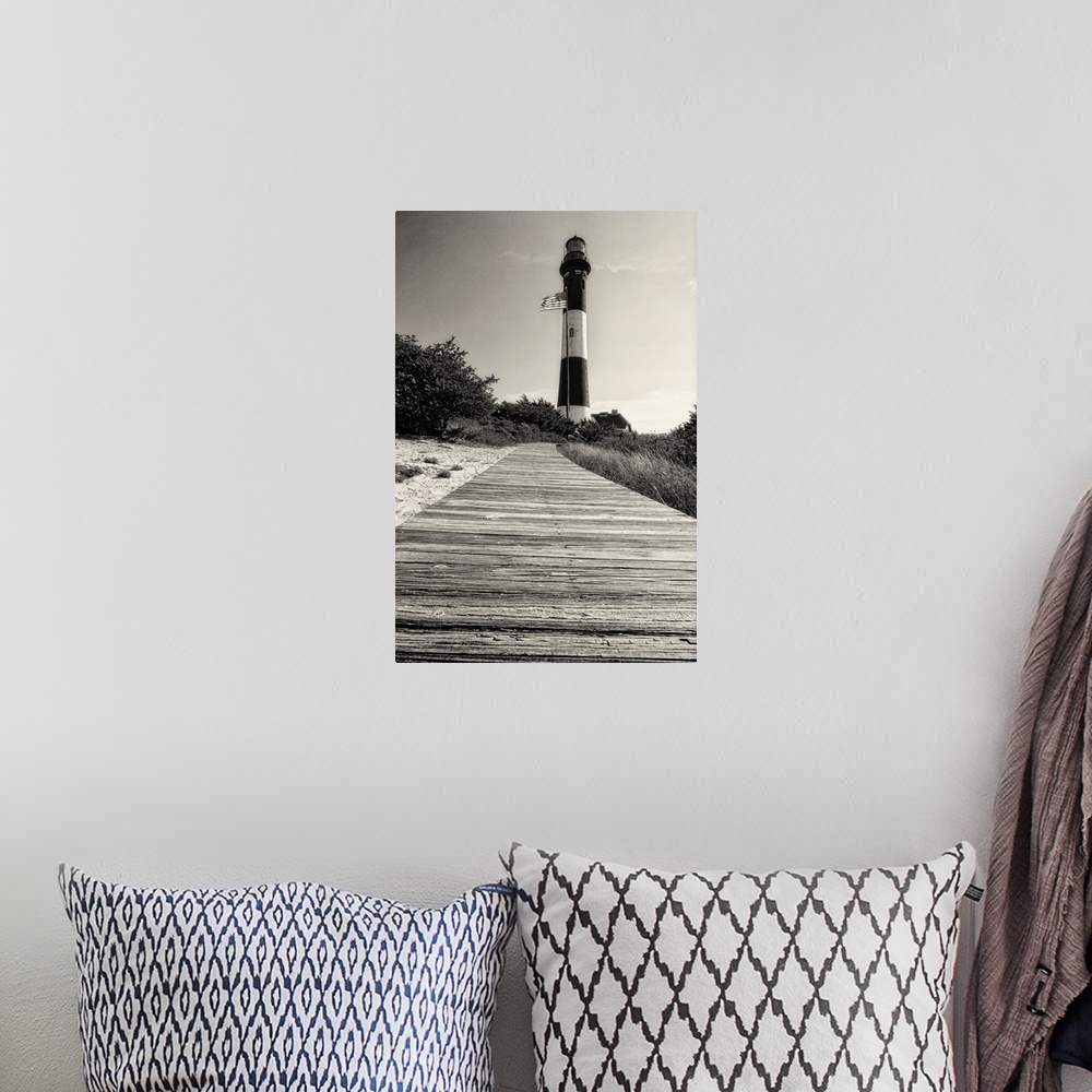 A bohemian room featuring Low Angle View of the Fire Island Lighthouse with a Boardwalk, Long Island, New York