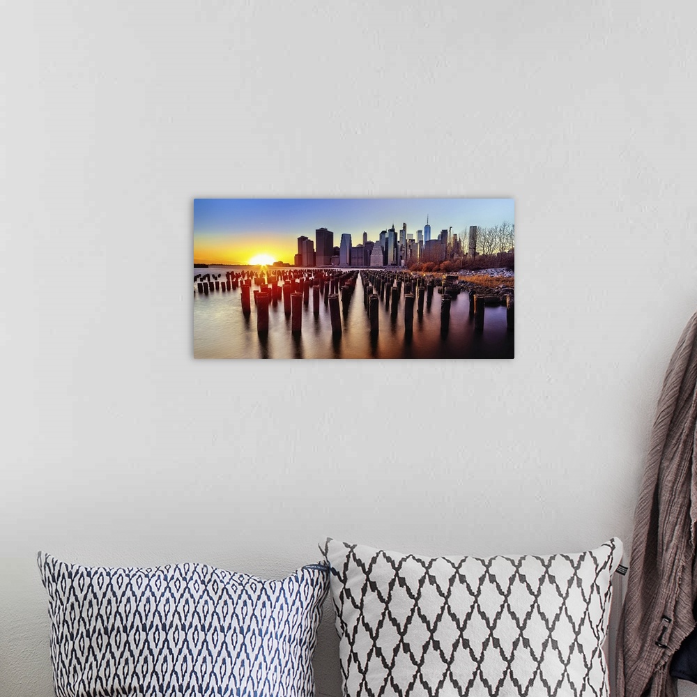 A bohemian room featuring Lower Manhattan Sunset Viewed from Brooklyn, New York City, USA.