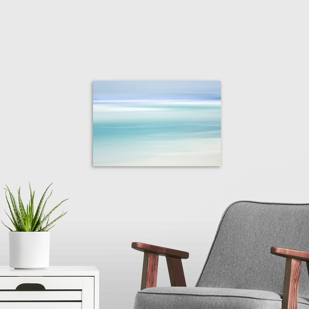 A modern room featuring Turquoise beach abstract in minimalist style of the water at Luskentyre Beach on the Isle of Harris.