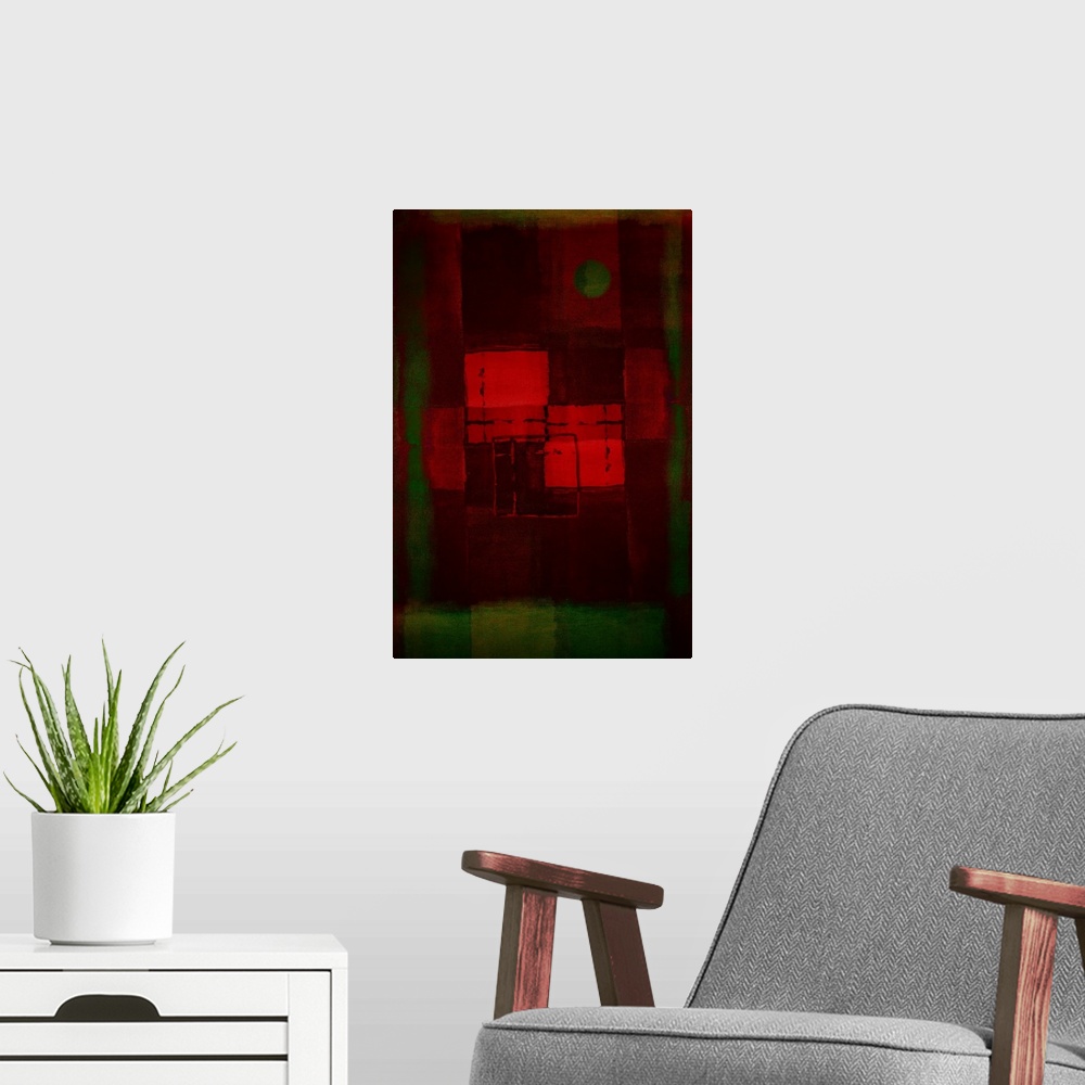 A modern room featuring Geometric abstract artwork that consists of shades of red and green in polygonal shapes.