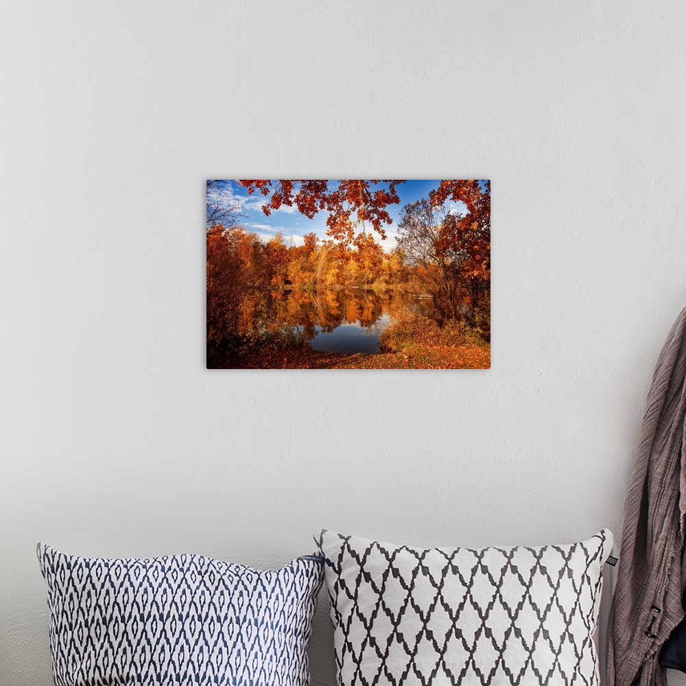 A bohemian room featuring Autumn landscape with colorful trees at the edge of a pond