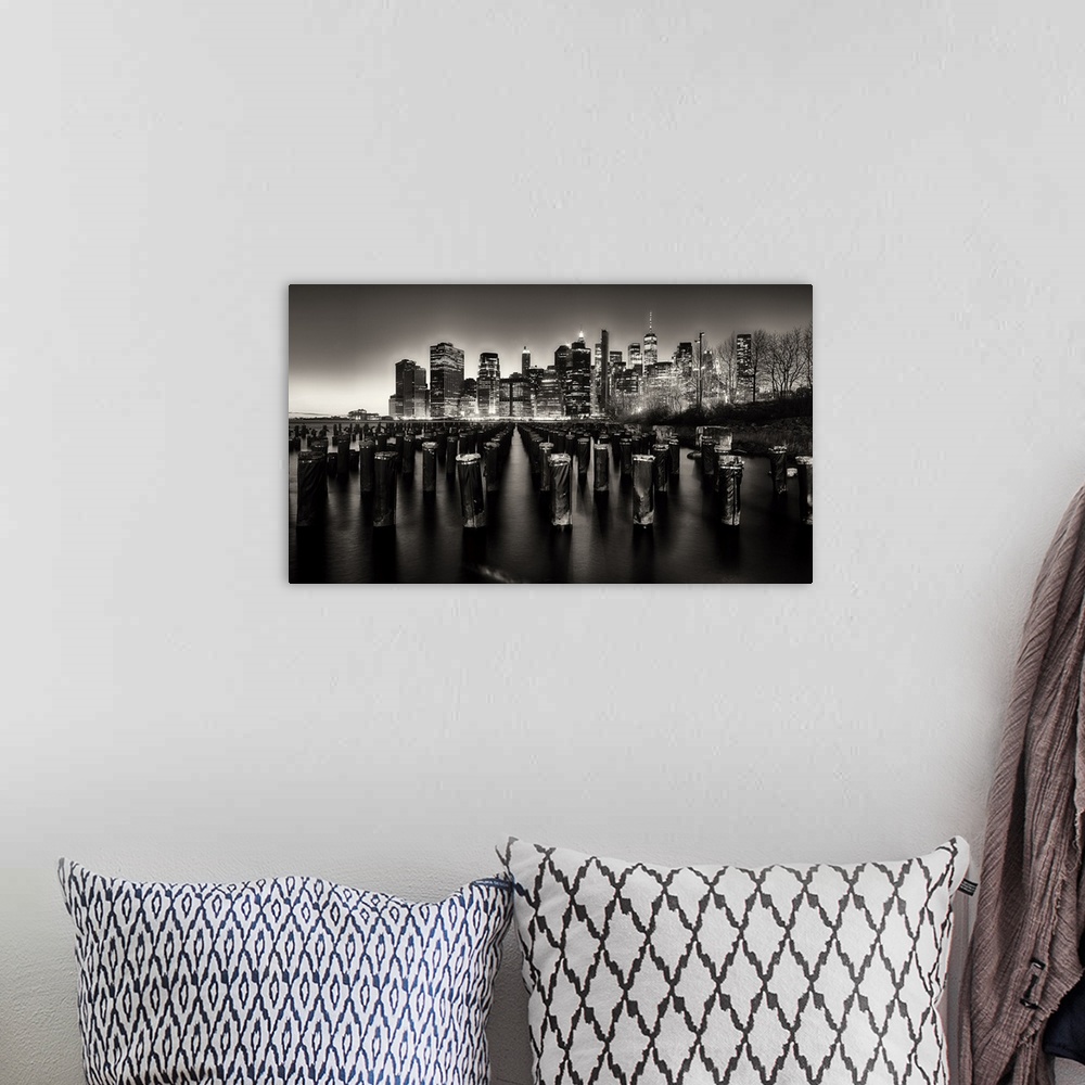 A bohemian room featuring Lower Manhattan Nightscape Viewed from Brooklyn, New York City.