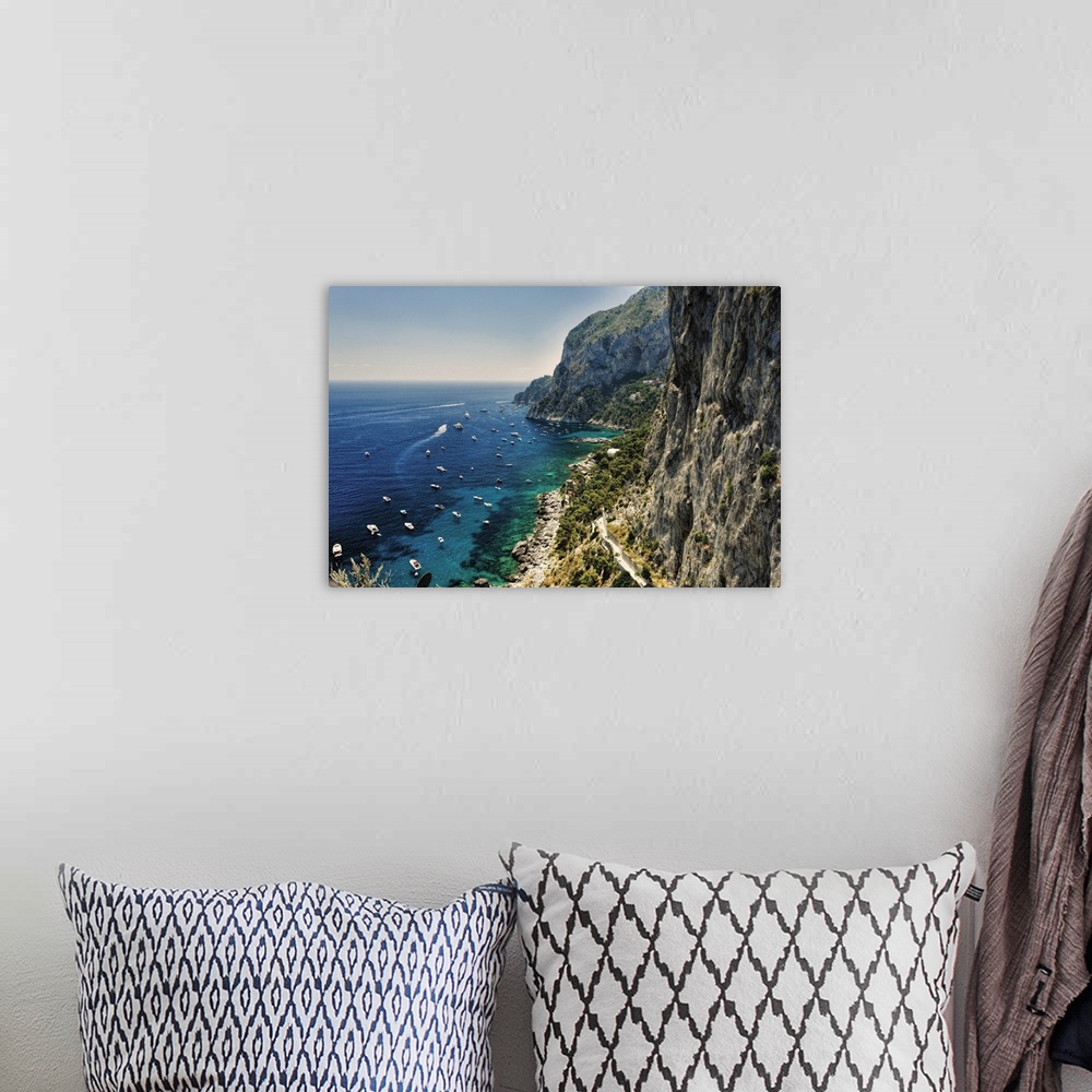 A bohemian room featuring High Angle View of a Rugged Coastline, Marina Piccola, Capri, Campania, Italy.