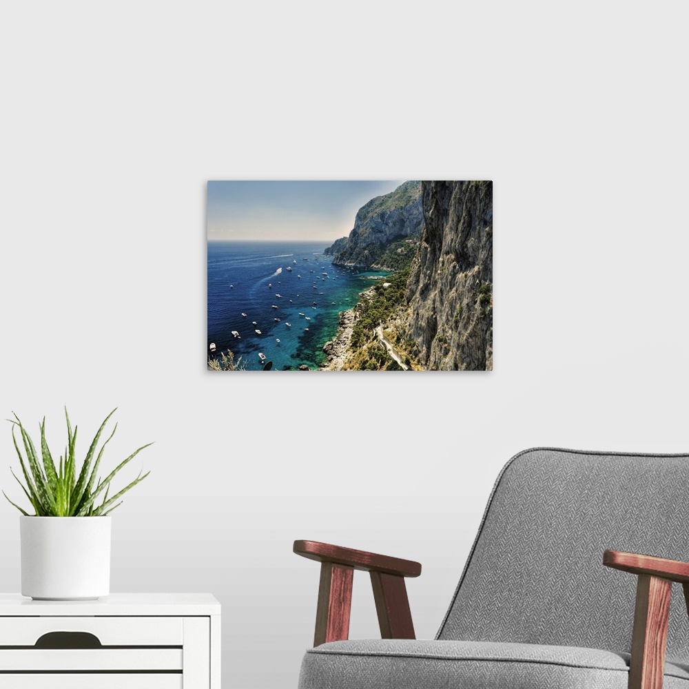 A modern room featuring High Angle View of a Rugged Coastline, Marina Piccola, Capri, Campania, Italy.