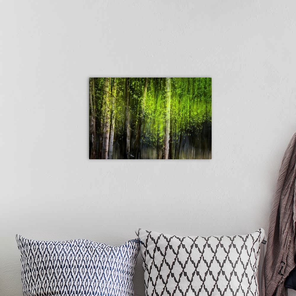 A bohemian room featuring This piece is perfect for the home or office of a forest that has vertical streaks throughout the...