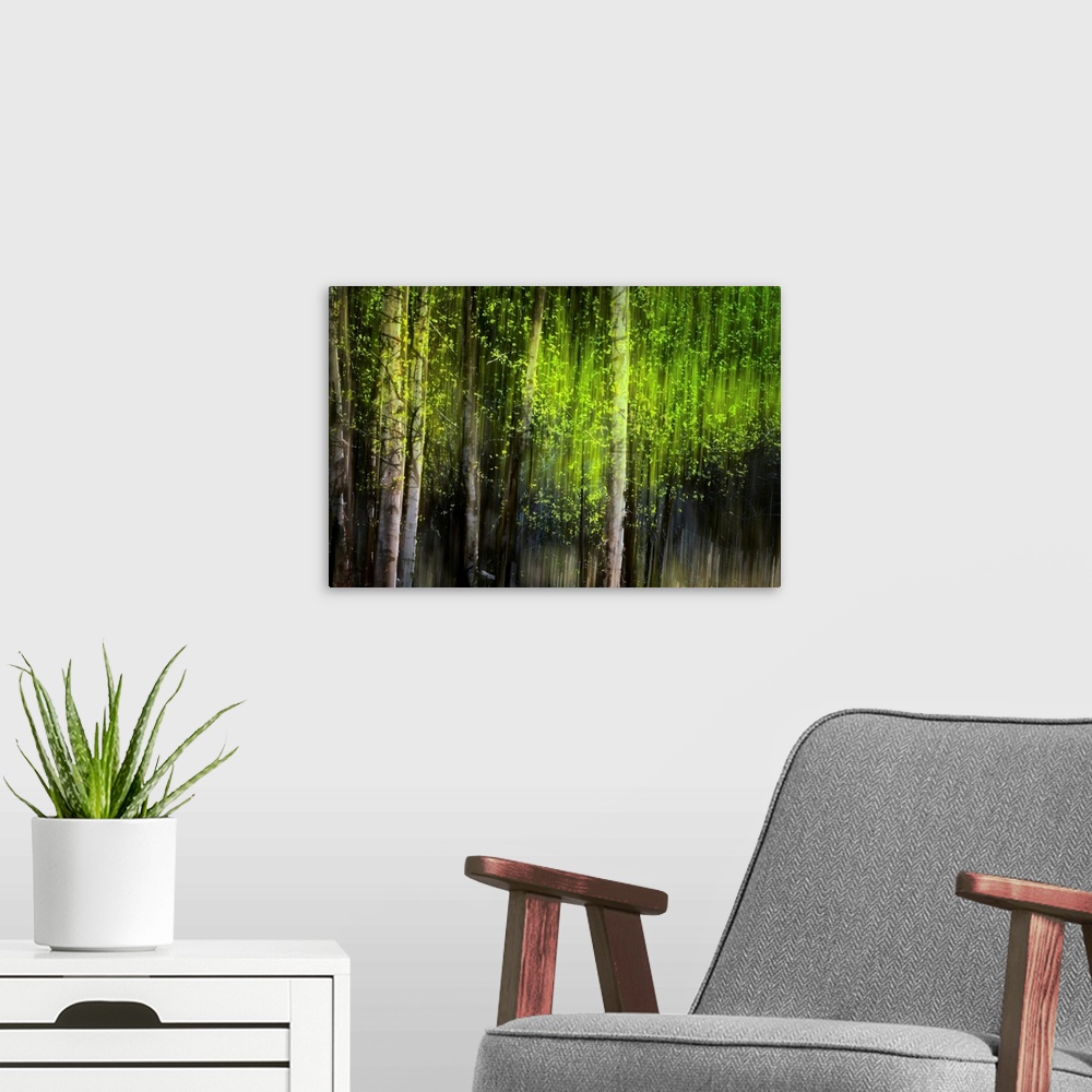 A modern room featuring This piece is perfect for the home or office of a forest that has vertical streaks throughout the...
