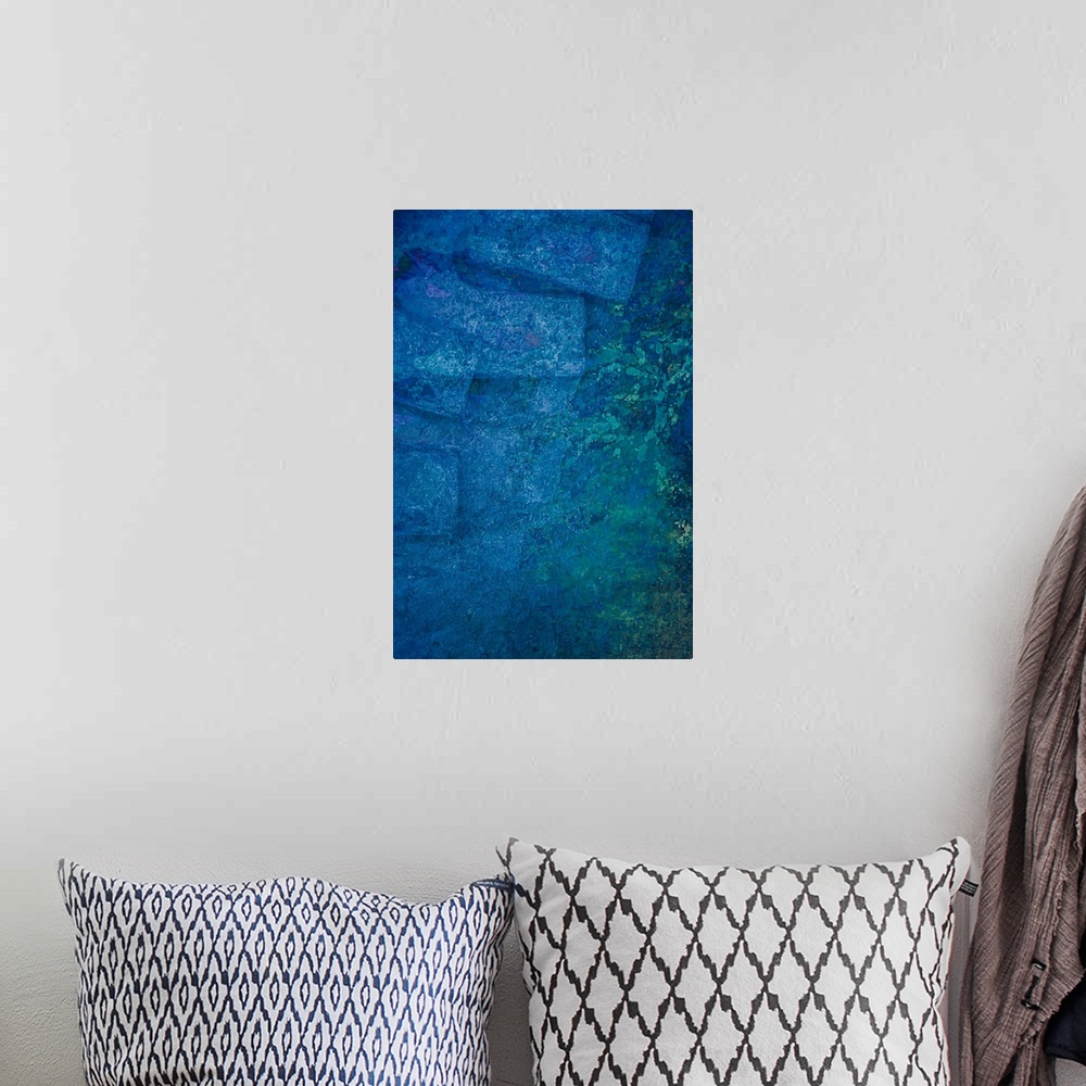 A bohemian room featuring A zen-like calm blue panorama of still water with a haiku of twigs forming an abstract calligraph...