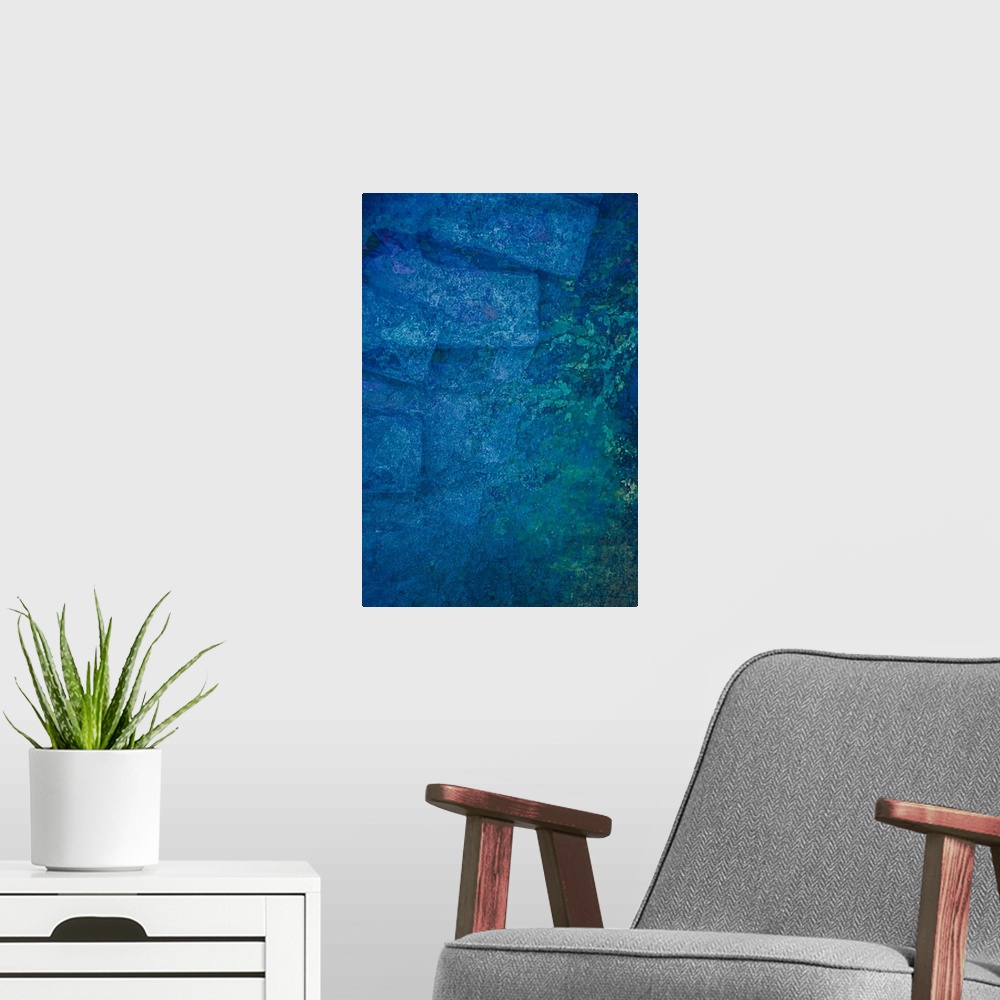 A modern room featuring A zen-like calm blue panorama of still water with a haiku of twigs forming an abstract calligraph...