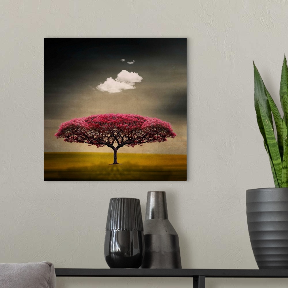 A modern room featuring This art work is a digital composite of a symmetrical flowering tree with a fluffy cloud floating...