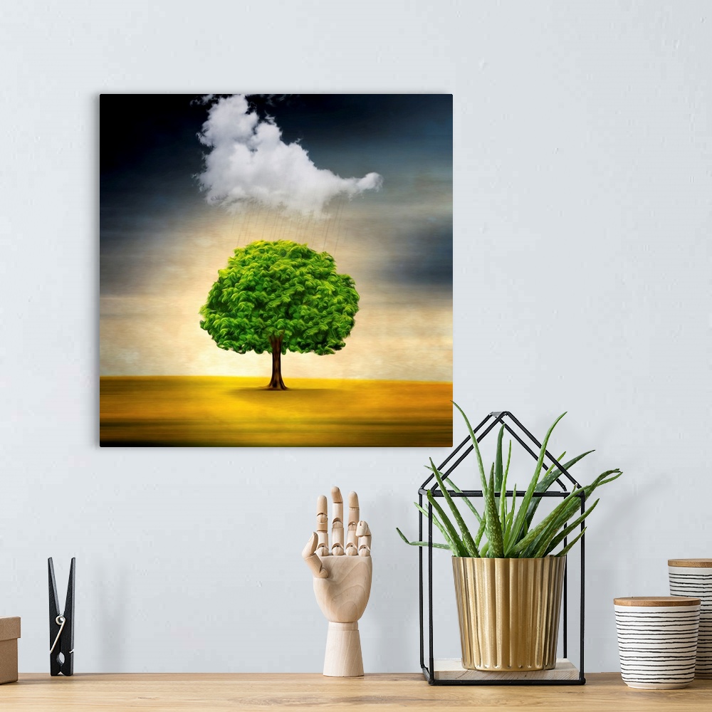 A bohemian room featuring Conceptual image of a single tree on a yellow field with a single cloud above raining.