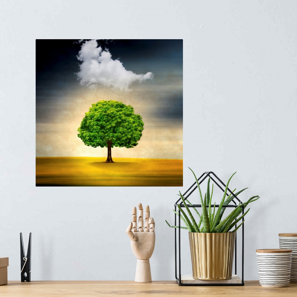 A bohemian room featuring Conceptual image of a single tree on a yellow field with a single cloud above raining.