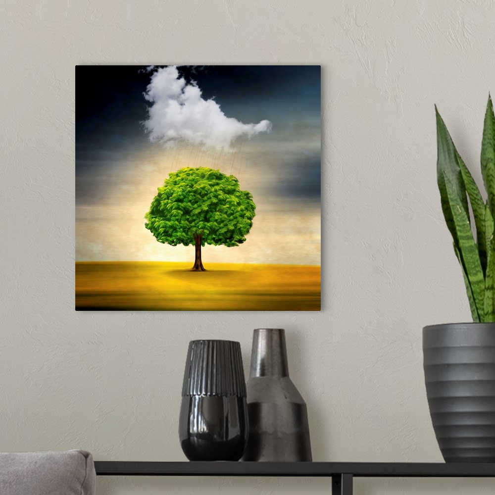 A modern room featuring Conceptual image of a single tree on a yellow field with a single cloud above raining.