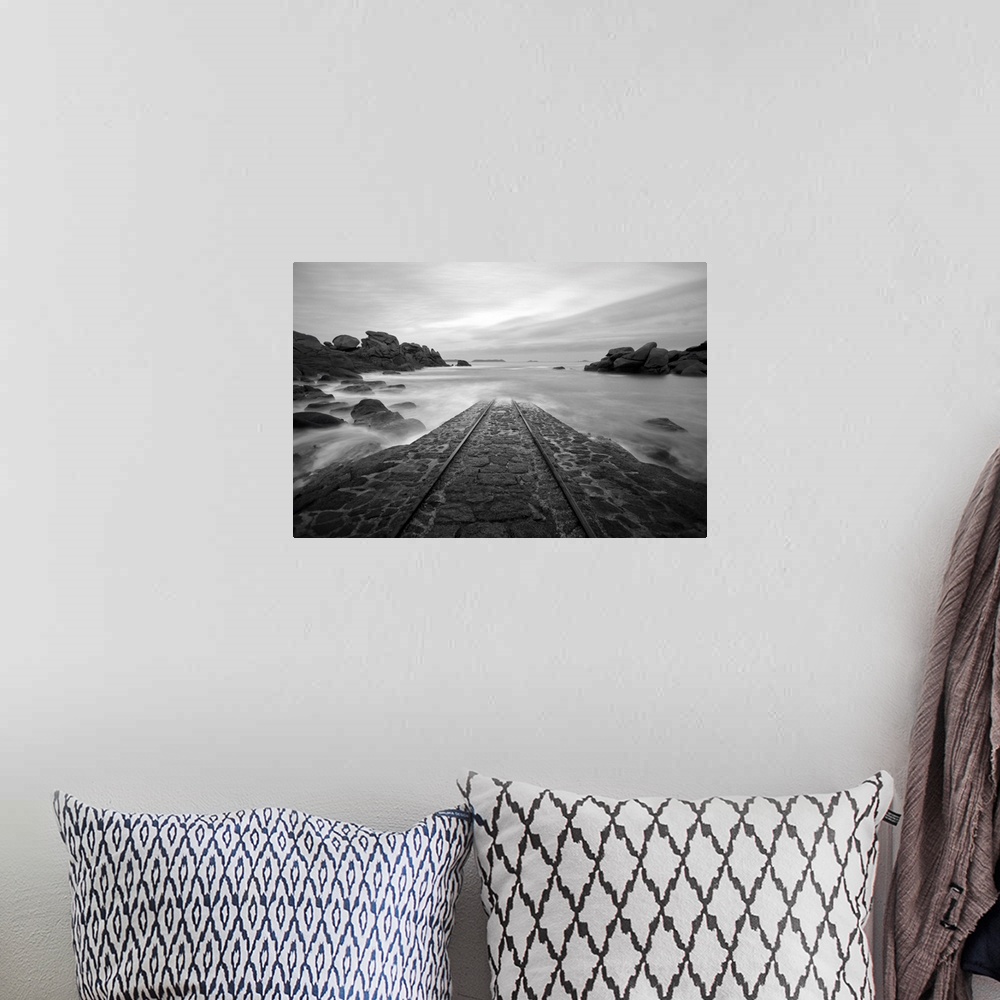 A bohemian room featuring A place in Brittany called, SNSM, road for boats going into the sea, in black and white.
