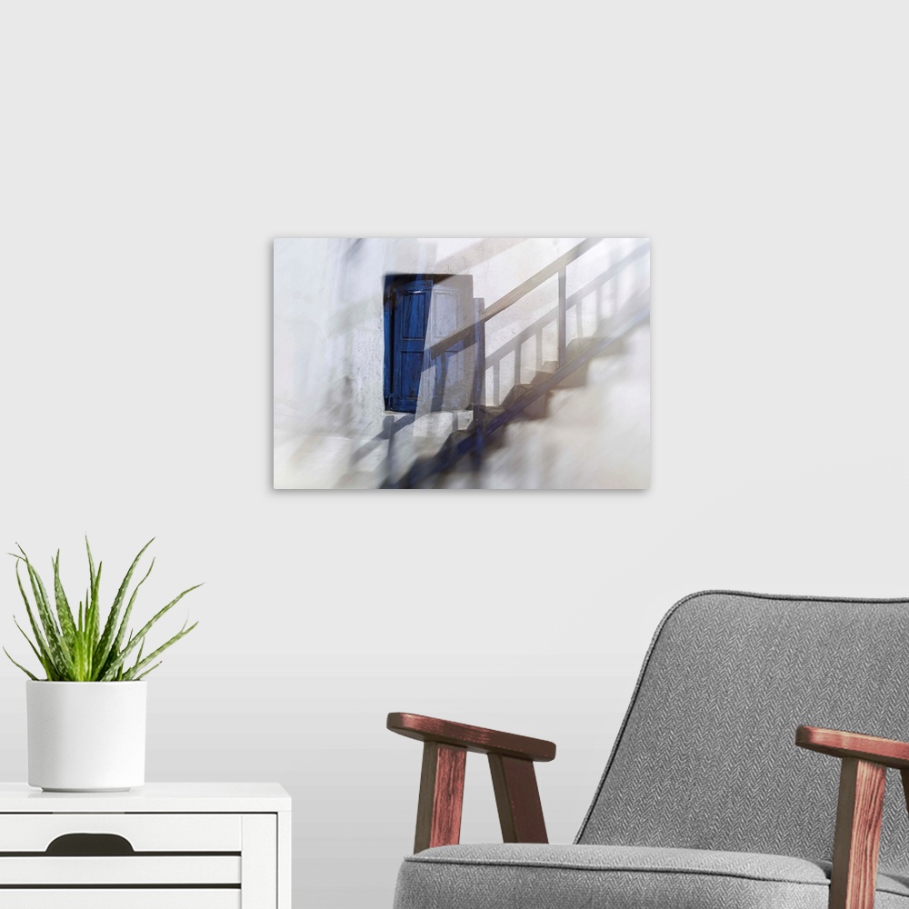 A modern room featuring Ghostly image of a blue shuttered window along a set up steps with the shadow of the railings run...