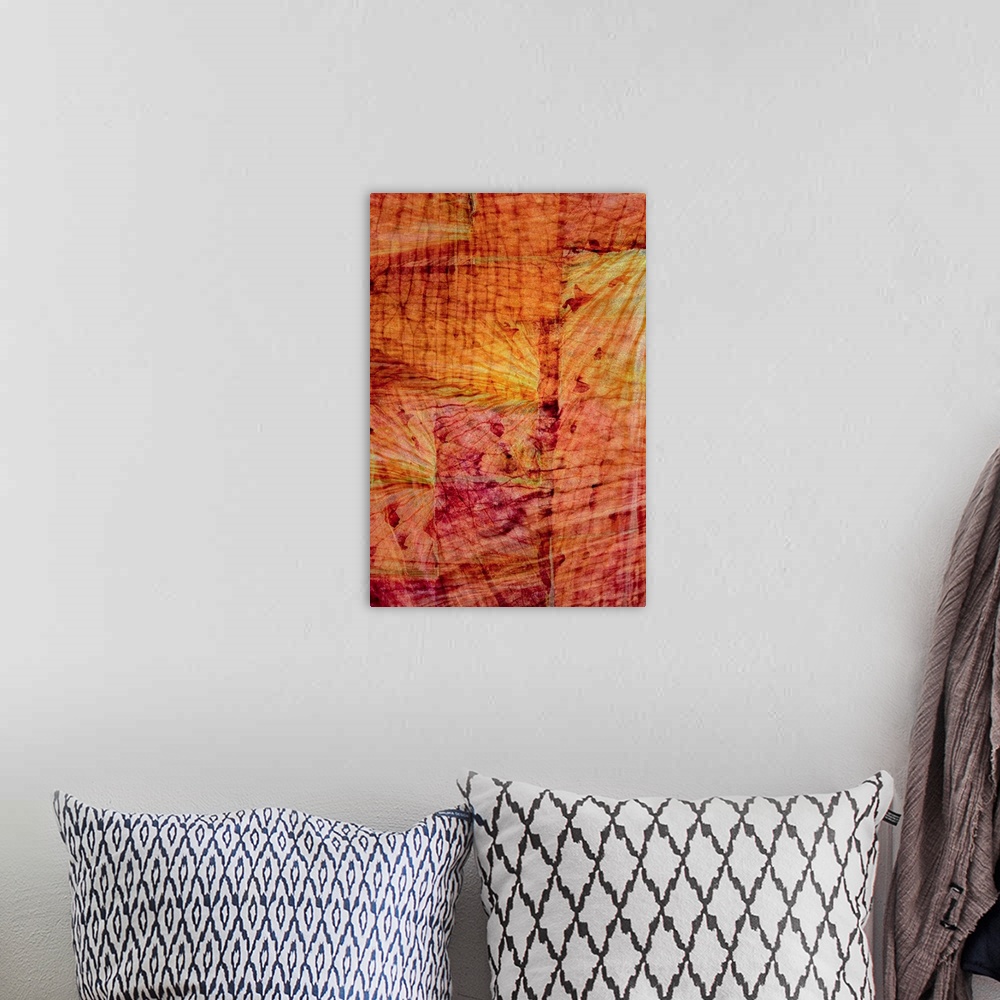 A bohemian room featuring Abstract art in shades of red, orange, and yellow with a faded wood grain background and a dreaml...