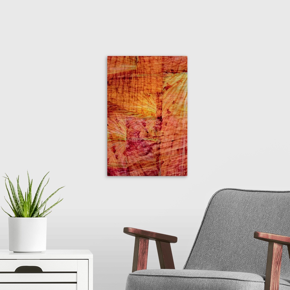 A modern room featuring Abstract art in shades of red, orange, and yellow with a faded wood grain background and a dreaml...