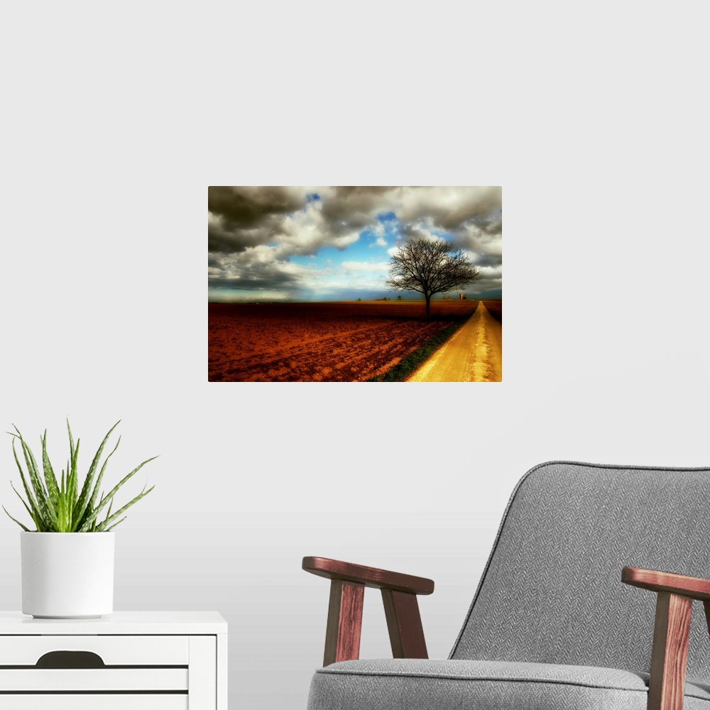 A modern room featuring Wall art of an empty field with a dirt road running through it and a lone tree silhouetted agains...