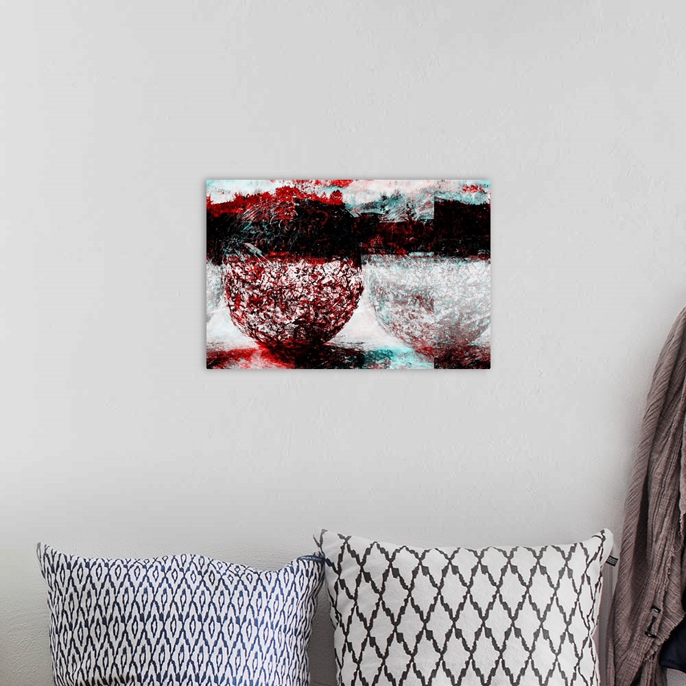 A bohemian room featuring Conceptual abstract photograph in red, white, and black, made of urban elements.