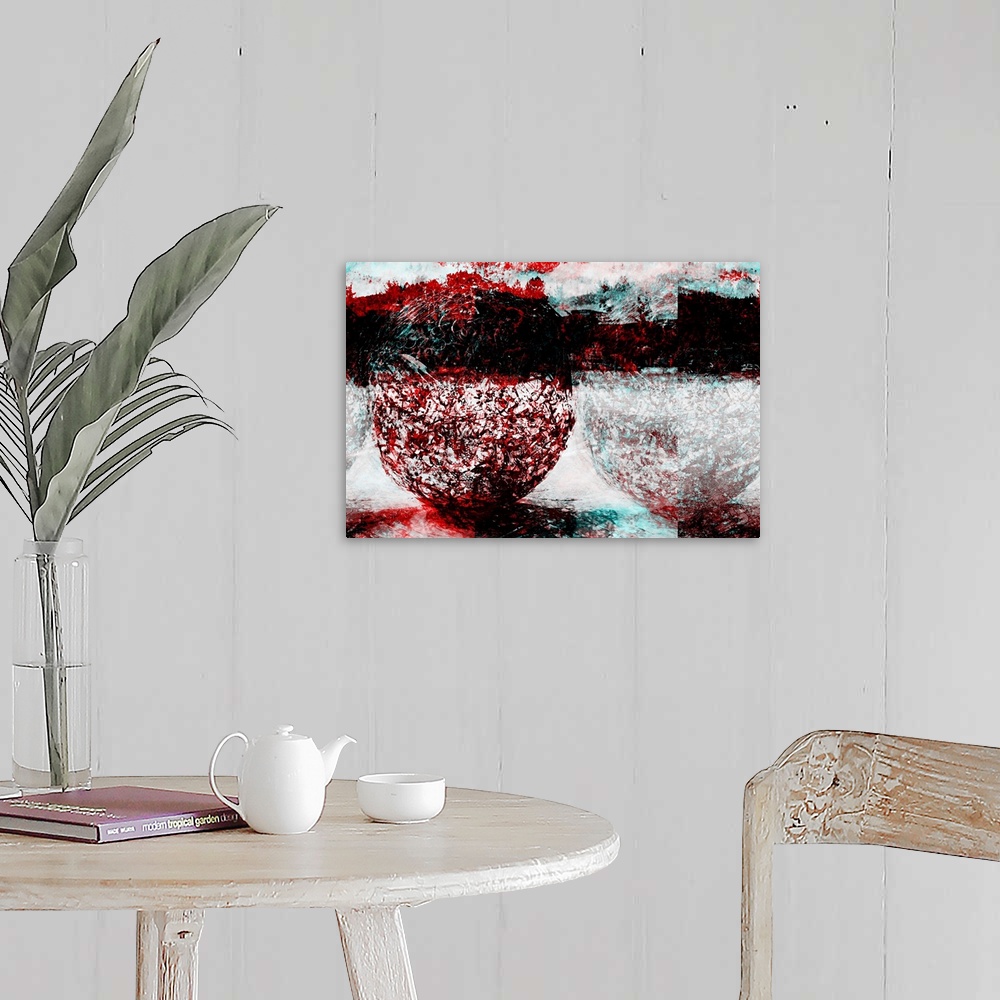 A farmhouse room featuring Conceptual abstract photograph in red, white, and black, made of urban elements.