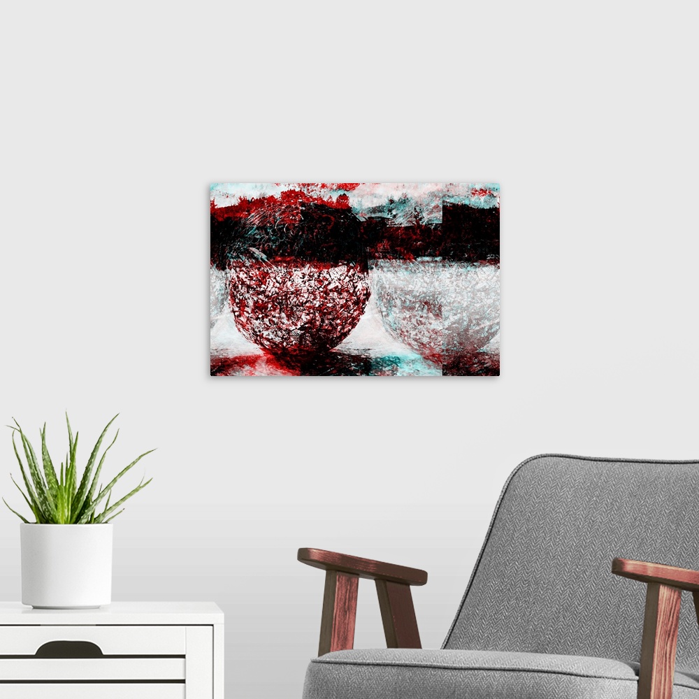 A modern room featuring Conceptual abstract photograph in red, white, and black, made of urban elements.