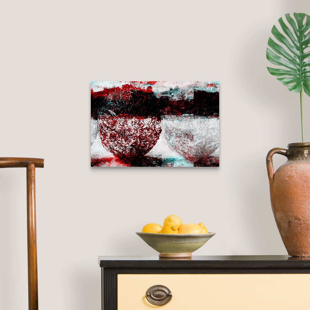A traditional room featuring Conceptual abstract photograph in red, white, and black, made of urban elements.