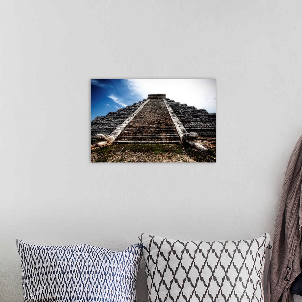 A bohemian room featuring Low angle view of the Pyramid of Kukulcan, Chichen Itza, Yucatan Peninsula, Mexico.