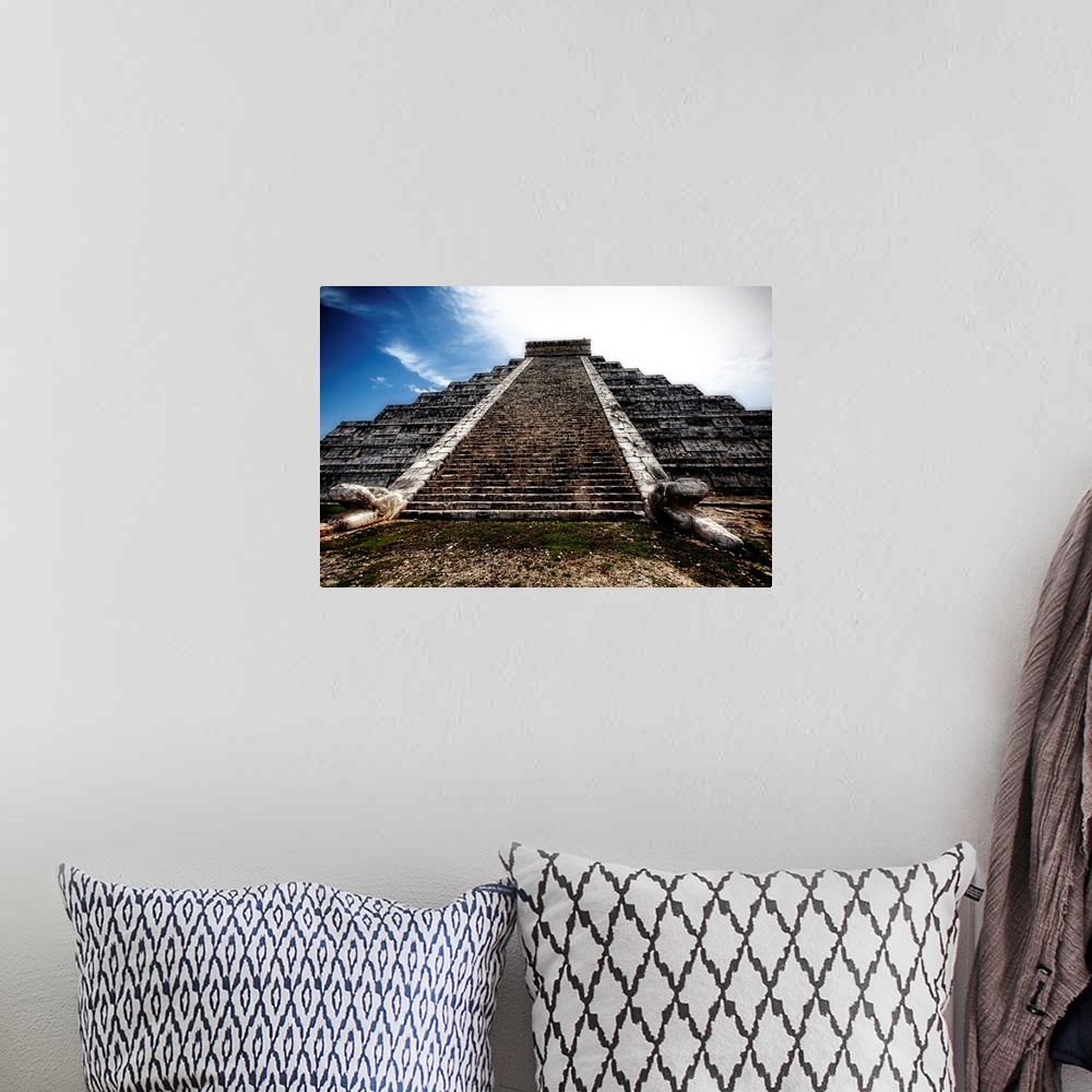 A bohemian room featuring Low angle view of the Pyramid of Kukulcan, Chichen Itza, Yucatan Peninsula, Mexico.