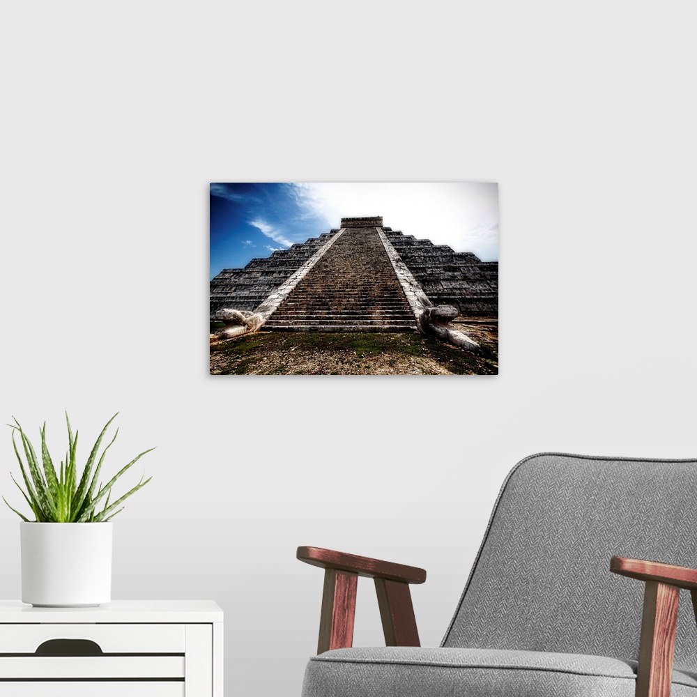 A modern room featuring Low angle view of the Pyramid of Kukulcan, Chichen Itza, Yucatan Peninsula, Mexico.