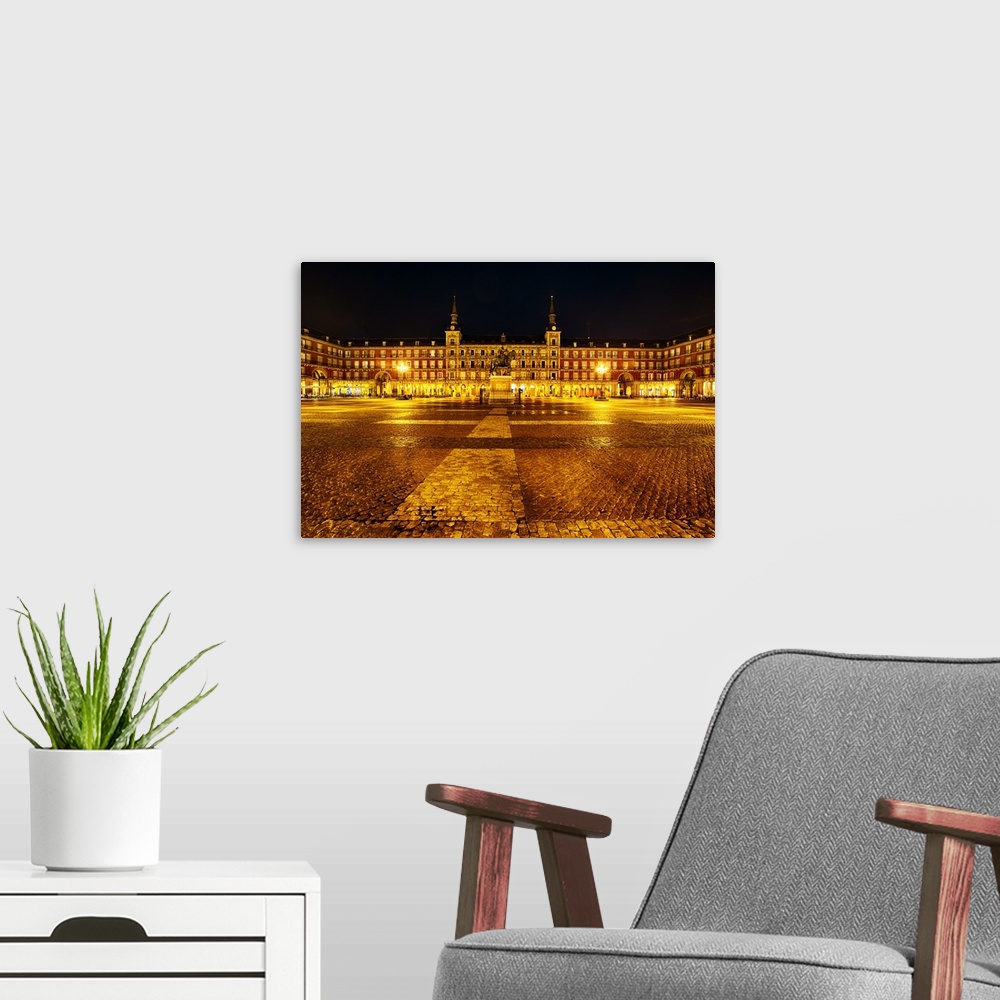 A modern room featuring Low Angle View of the Plaza Mayor at Night, Madrid, Spain