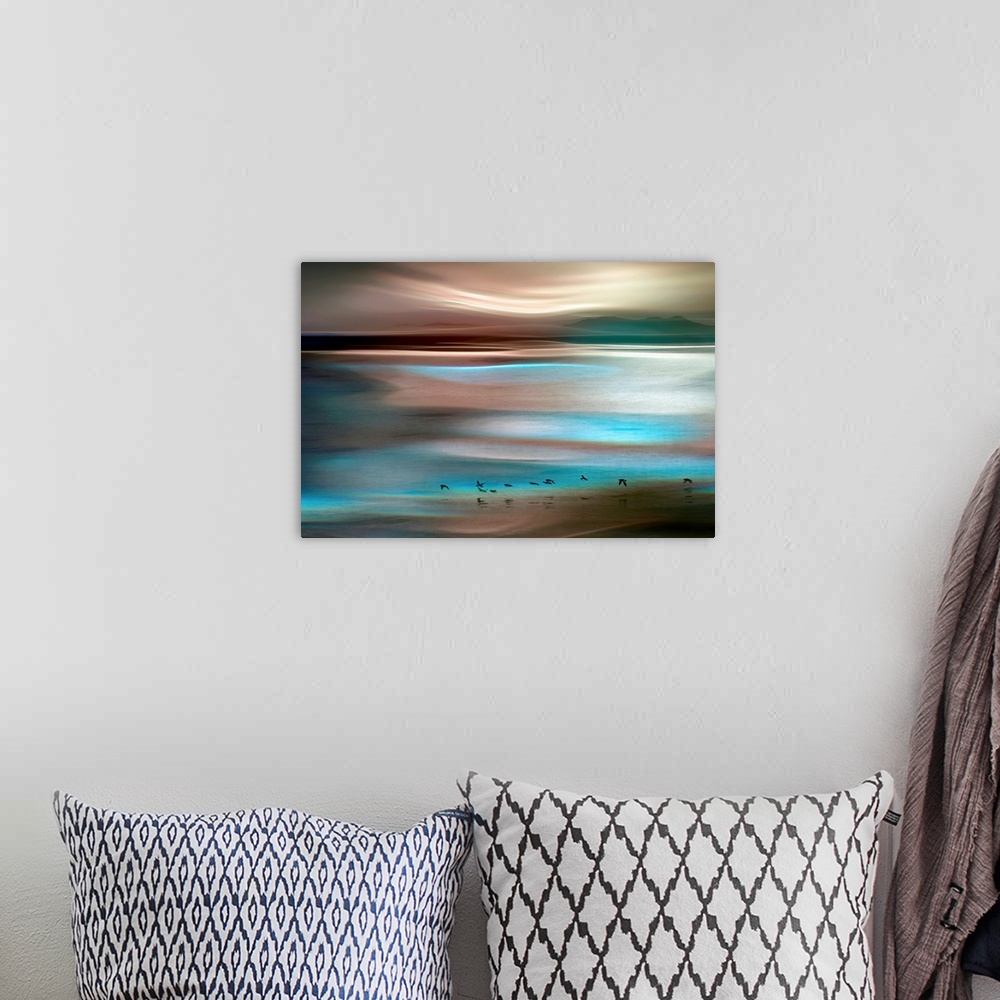 A bohemian room featuring Horizontal, large artwork for a living room or office. Warm and cool tones swirl across a horizon...