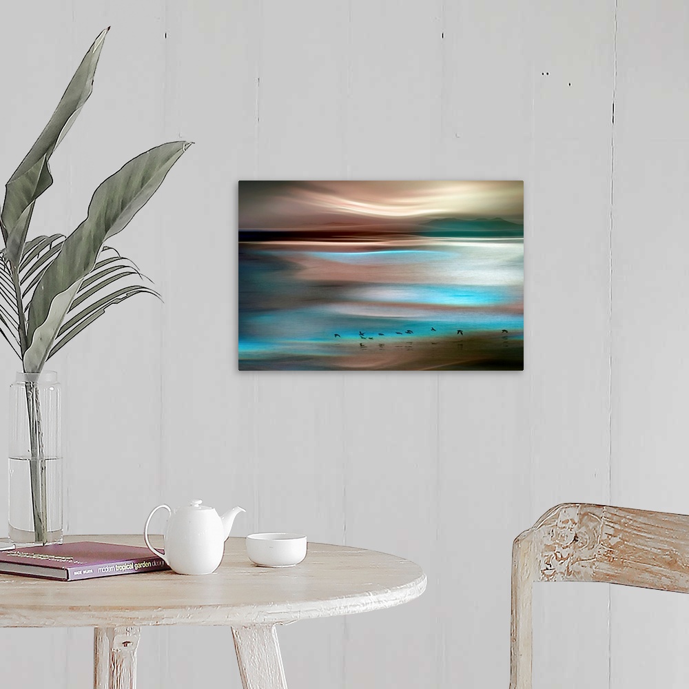A farmhouse room featuring Horizontal, large artwork for a living room or office. Warm and cool tones swirl across a horizon...