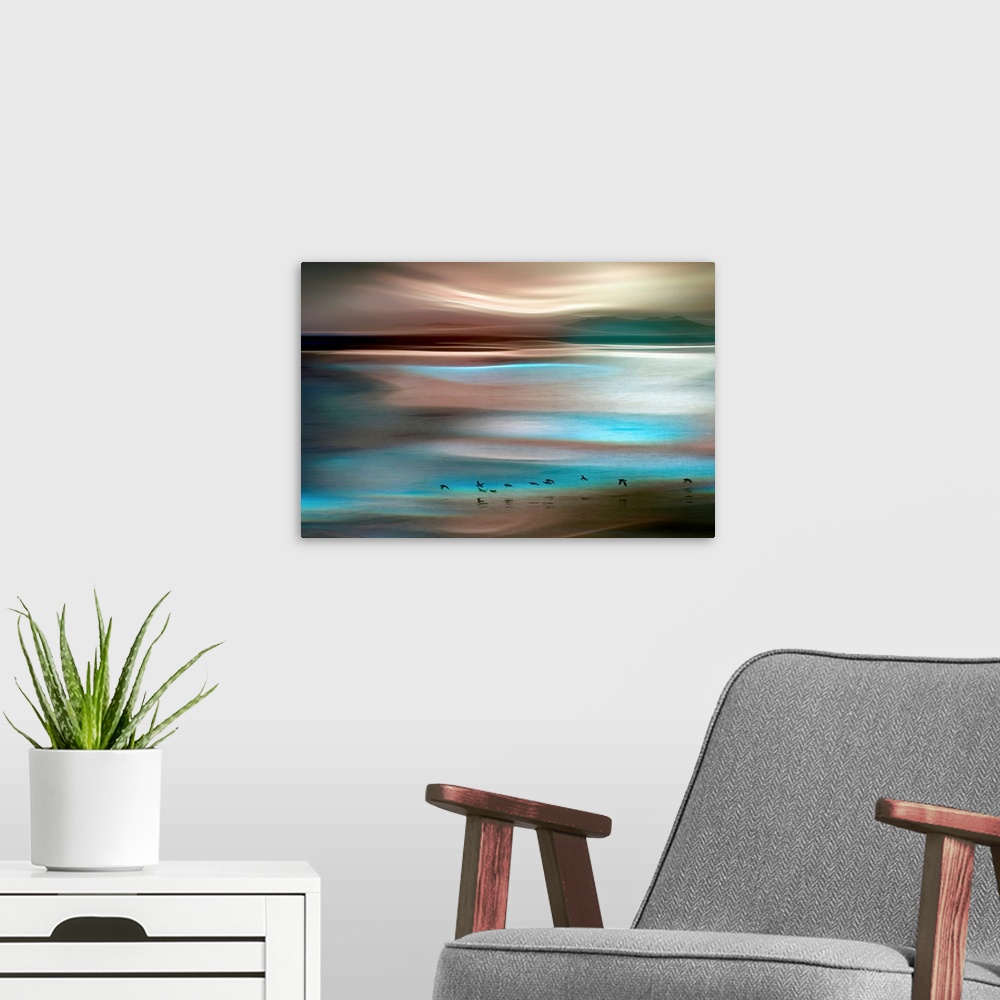 A modern room featuring Horizontal, large artwork for a living room or office. Warm and cool tones swirl across a horizon...