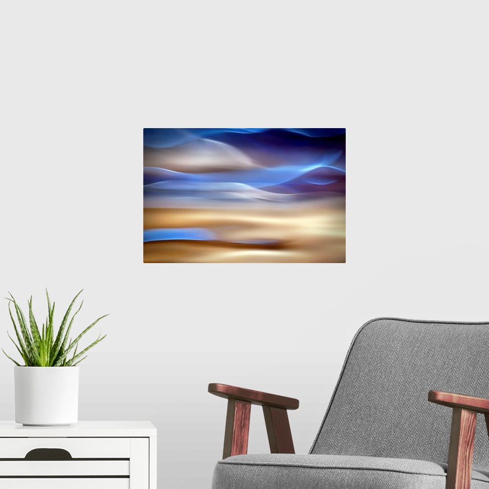 A modern room featuring An abstract piece of artwork that has waves of blue and tan running horizontally.