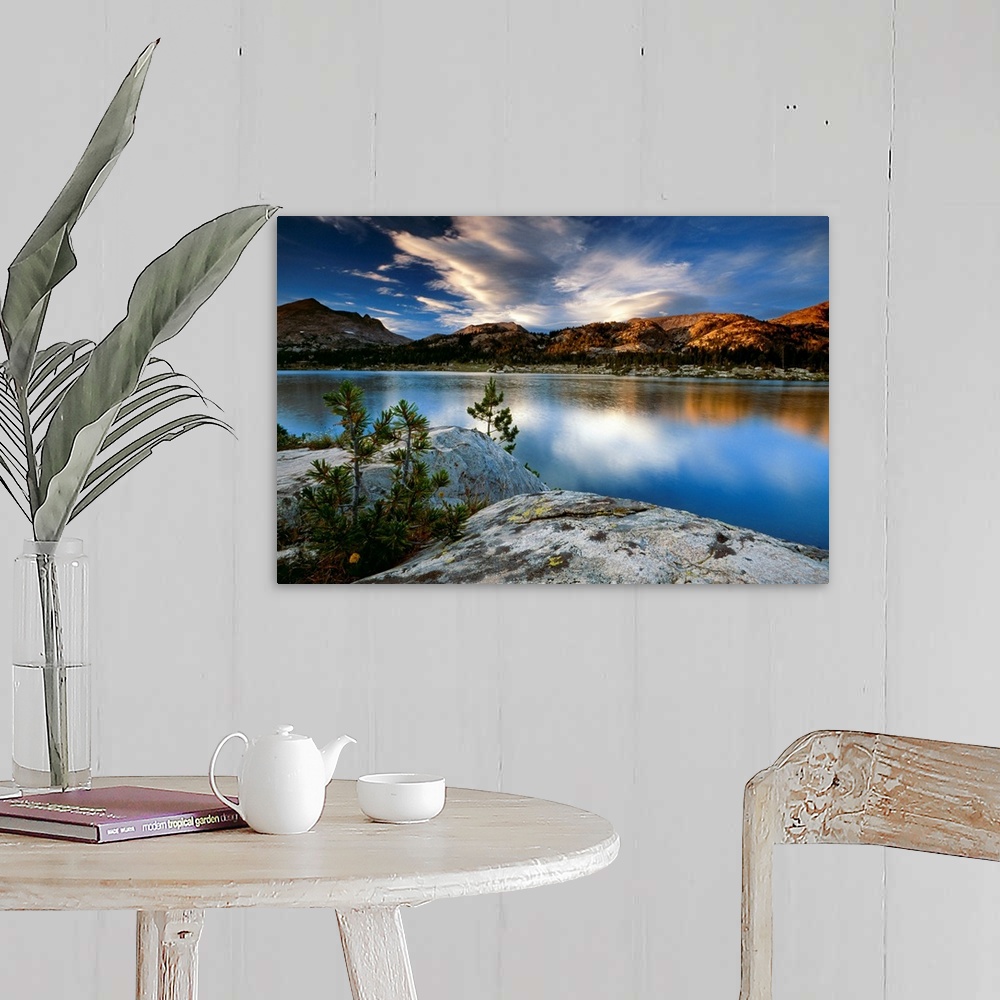 A farmhouse room featuring Clouds and mountains reflect in the surface of the still water in this oversized art for the deco...