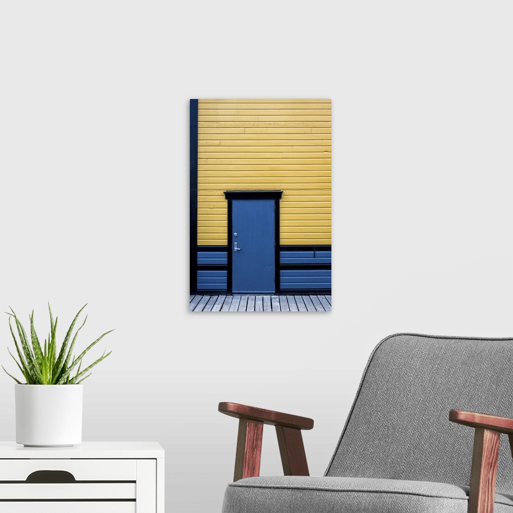 A modern room featuring A real-world Mondiran-like graphic composition is the subject of this contemplative view of a bit...