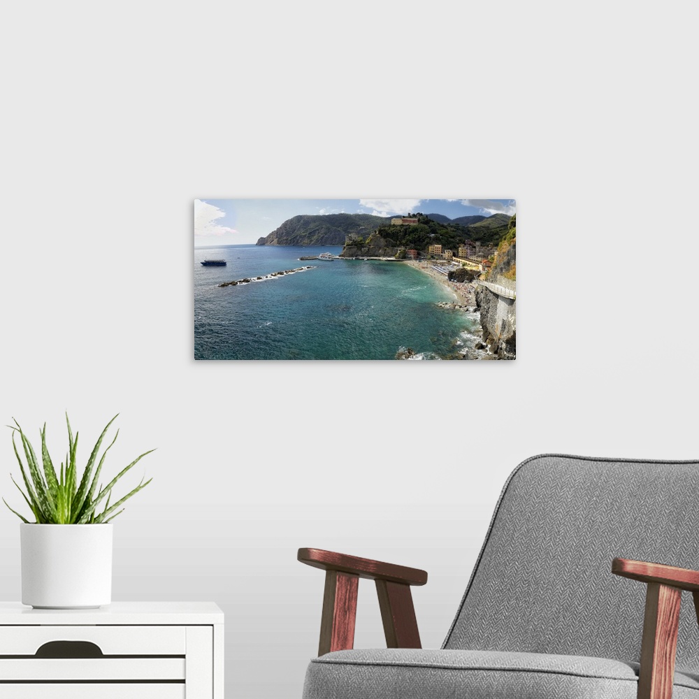 A modern room featuring Panoramic High Angle view of a Coastal Town, Monterosso Al Mare, Cinque terre, Liguria, Italy.