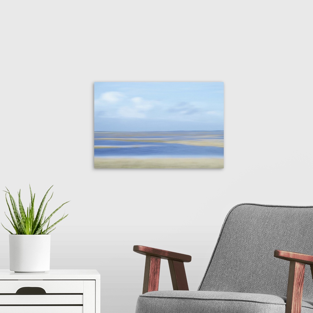 A modern room featuring Artistically blurred photo. Summer view of the marshes in nature reserve Agger Tange, Denmark, ea...