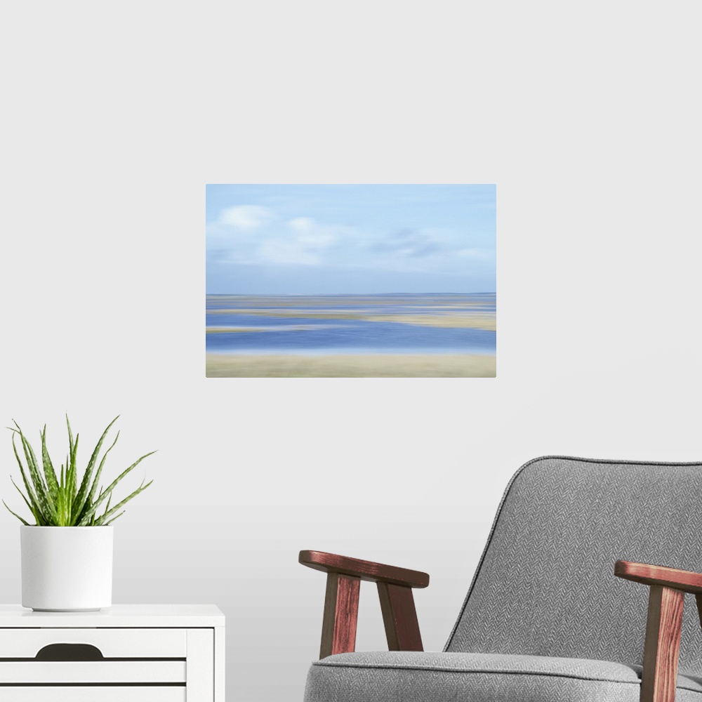A modern room featuring Artistically blurred photo. Summer view of the marshes in nature reserve Agger Tange, Denmark, ea...