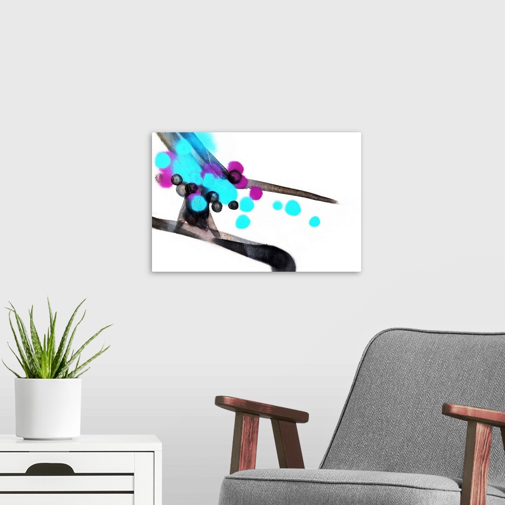 A modern room featuring Abstract artwork of blue, purple and black shapes with a crackling texture.