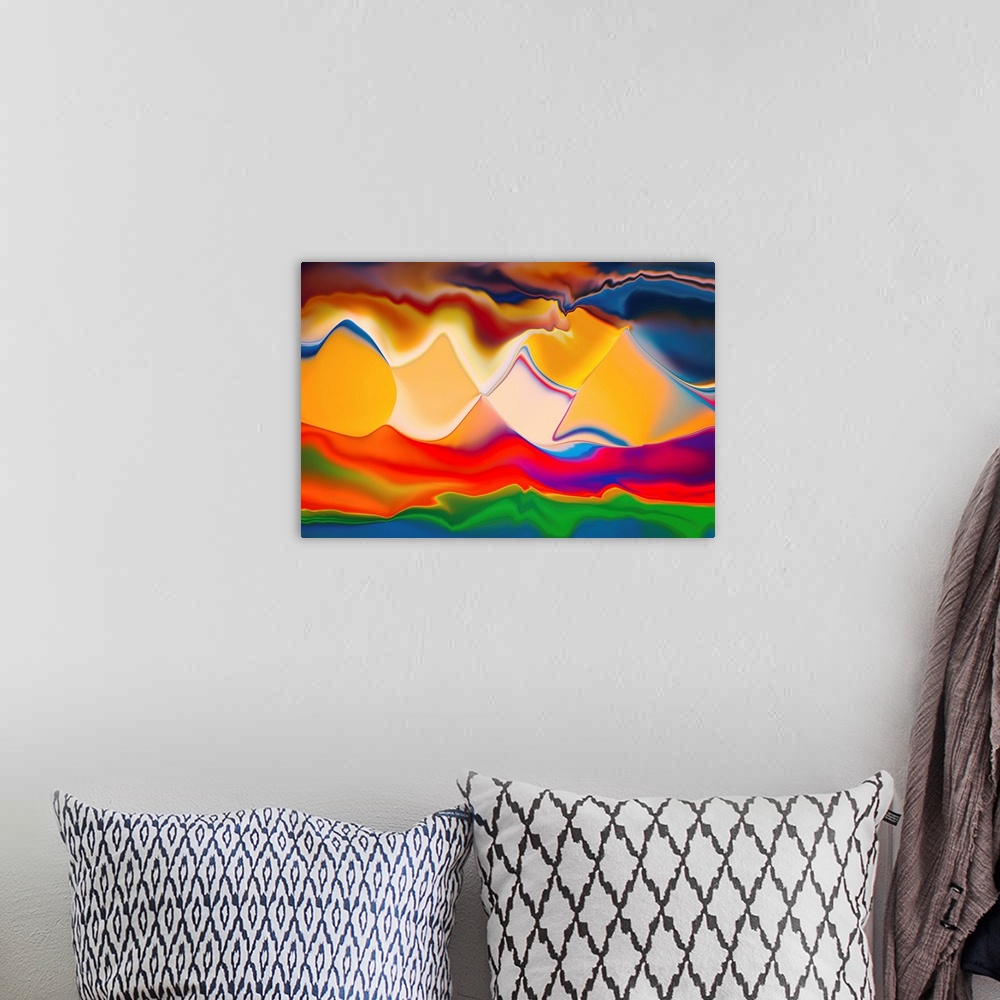 A bohemian room featuring Abstract image intended to represent a bunch of mountains on the horizon. The image was created i...