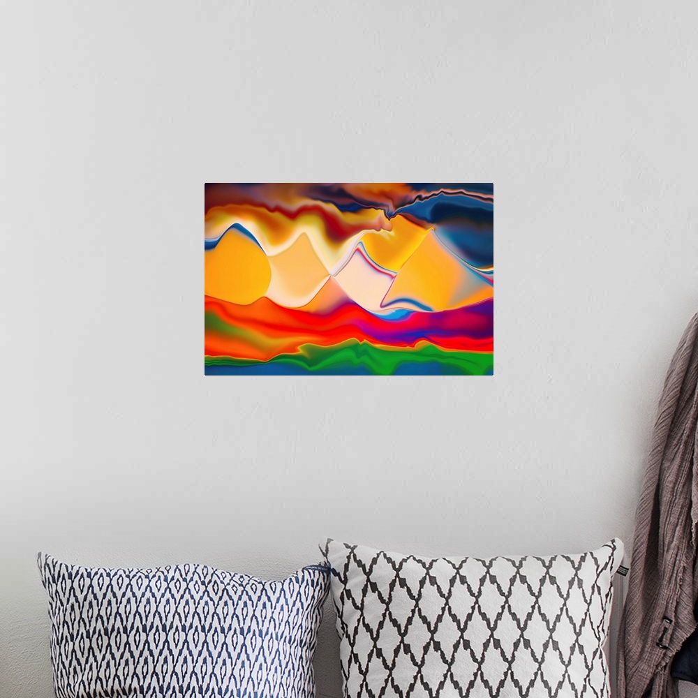A bohemian room featuring Abstract image intended to represent a bunch of mountains on the horizon. The image was created i...
