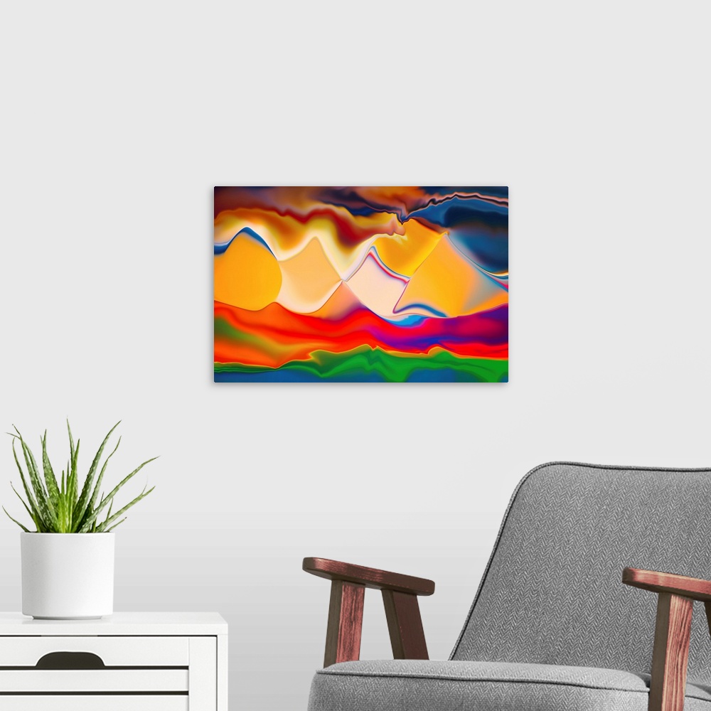 A modern room featuring Abstract image intended to represent a bunch of mountains on the horizon. The image was created i...