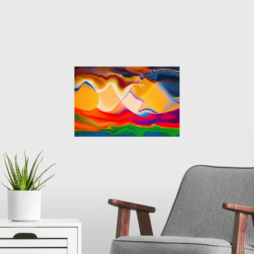 A modern room featuring Abstract image intended to represent a bunch of mountains on the horizon. The image was created i...