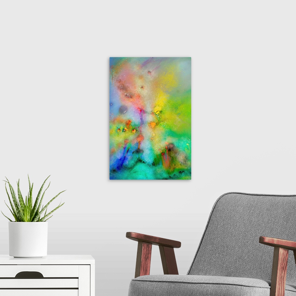 A modern room featuring Colorful abstract artwork consisting of paint splatters, paint drips and distressed textures.