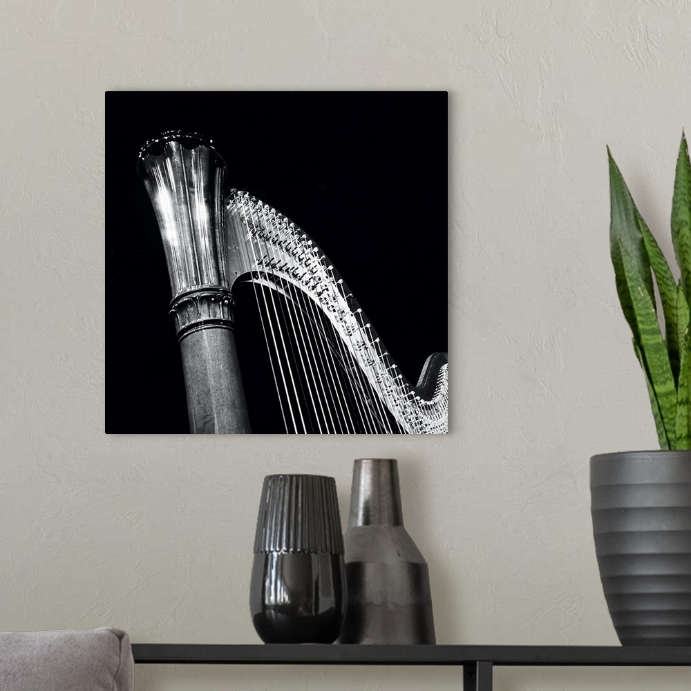 A modern room featuring A play of light and dark on this beautiful harp, music in the spotlight.